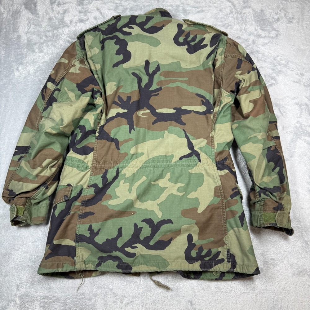 Vintage Army Camo Coat Jacket Cold Weather Small Long Woodland Distressed FLAW - Picture 3 of 16